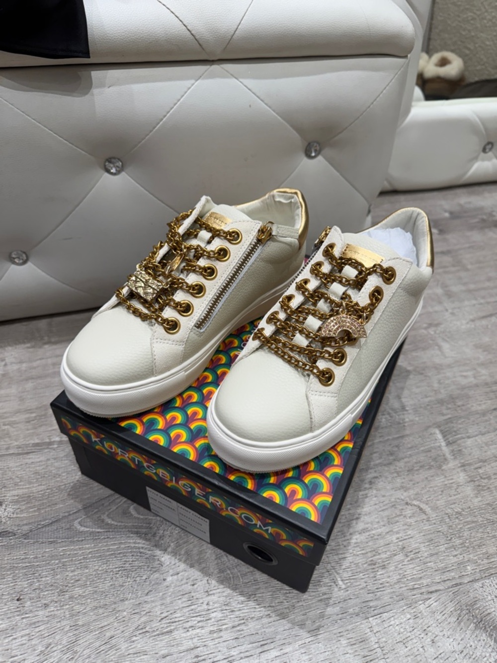 Kurt Geiger White Sneakers with Gold Chain Detail